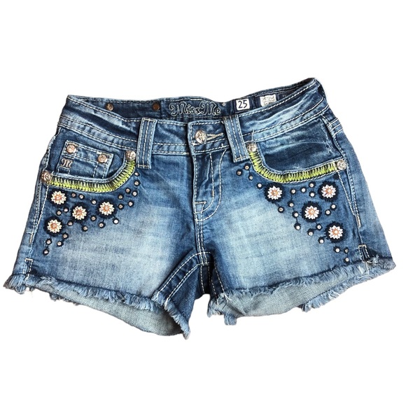 Miss Me Pants - Miss Me Blue Denim Jeans Summer Shorts Hot Pants Gems Crystal Embroidery Design